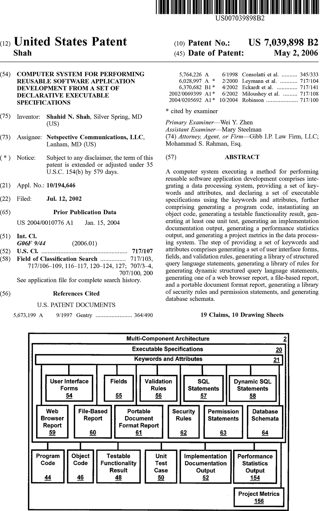 Computer system for performing reusable software application development from a set of declarative executable specifications